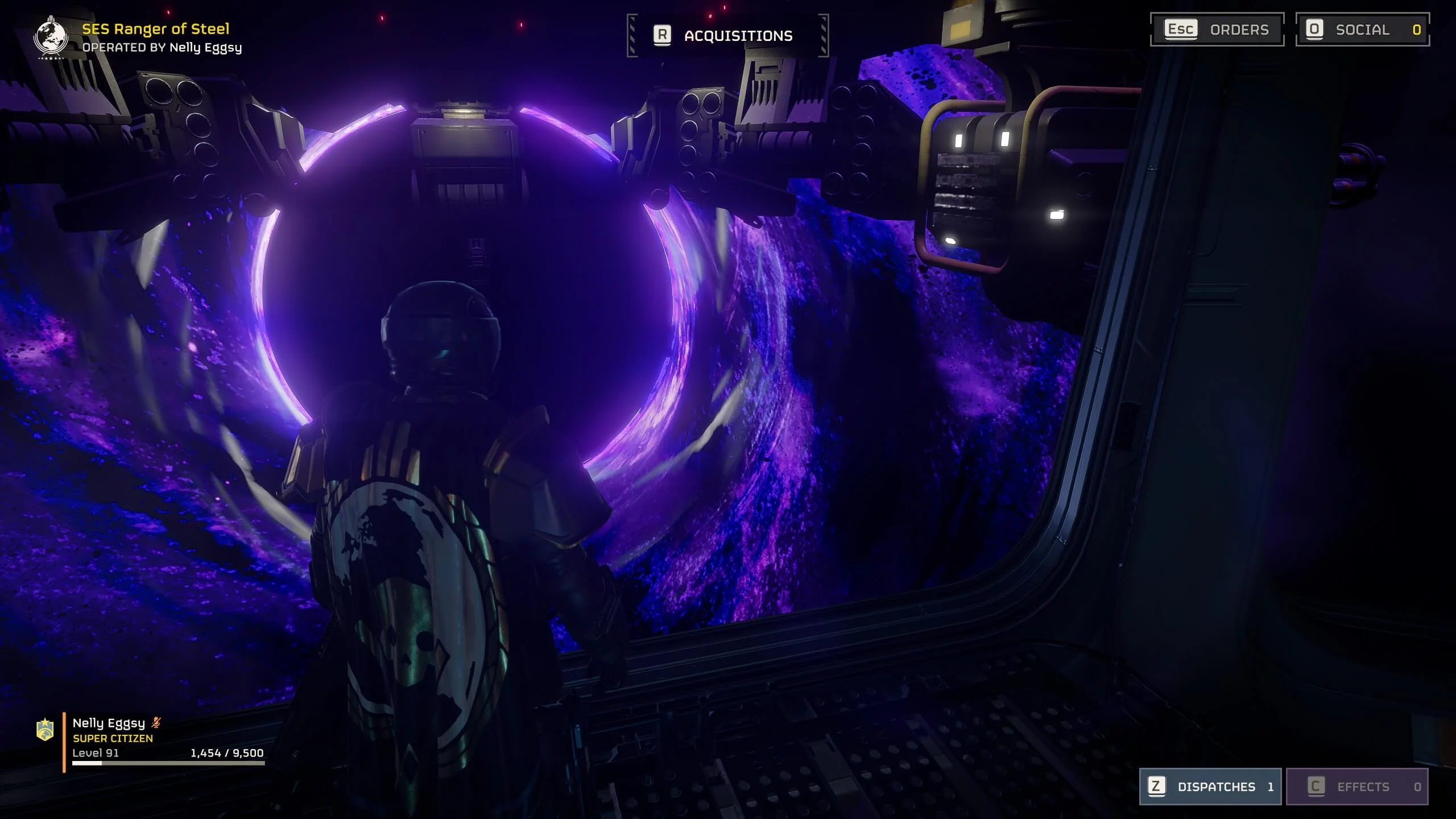 SES Ranger of Steel N7 casually gazes into the Meridia black hole, where light itself surrenders—but the will of Super Earth does not.